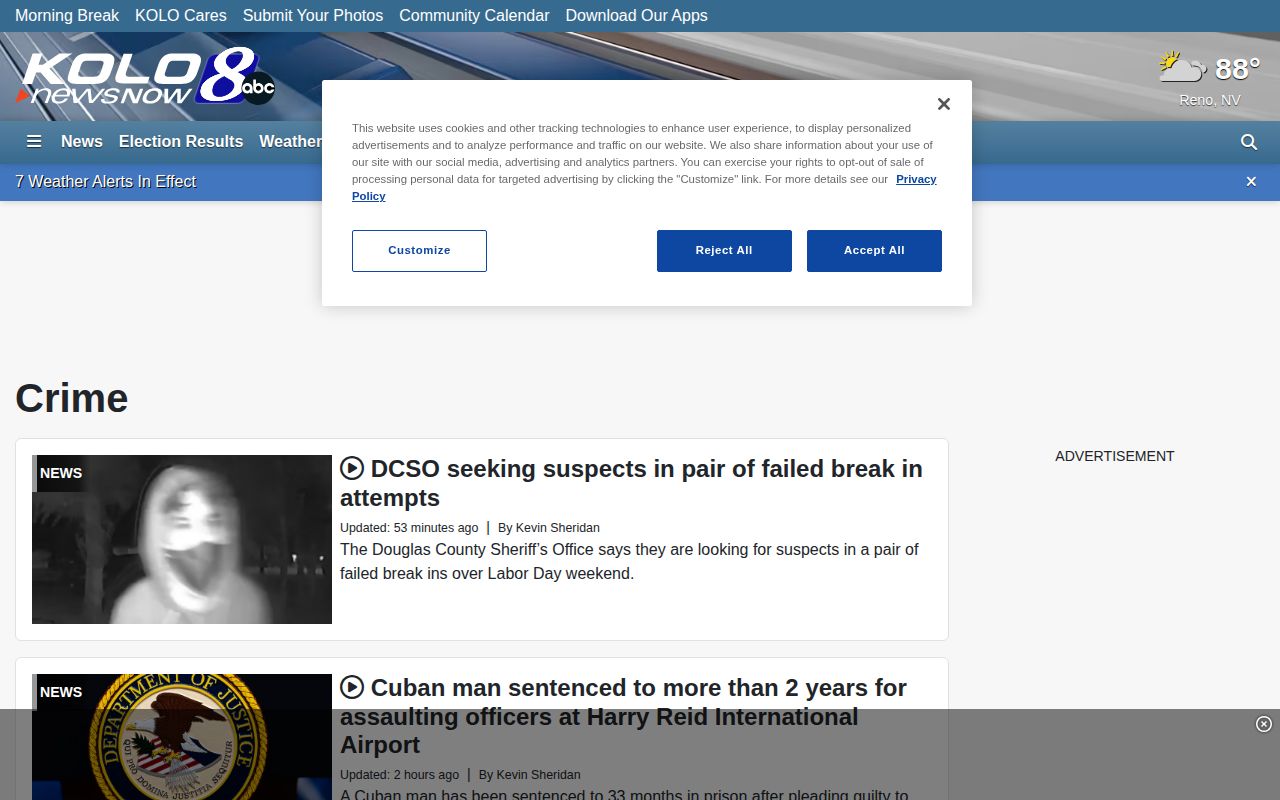 KOLO Crime news index covering Washoe County arrests