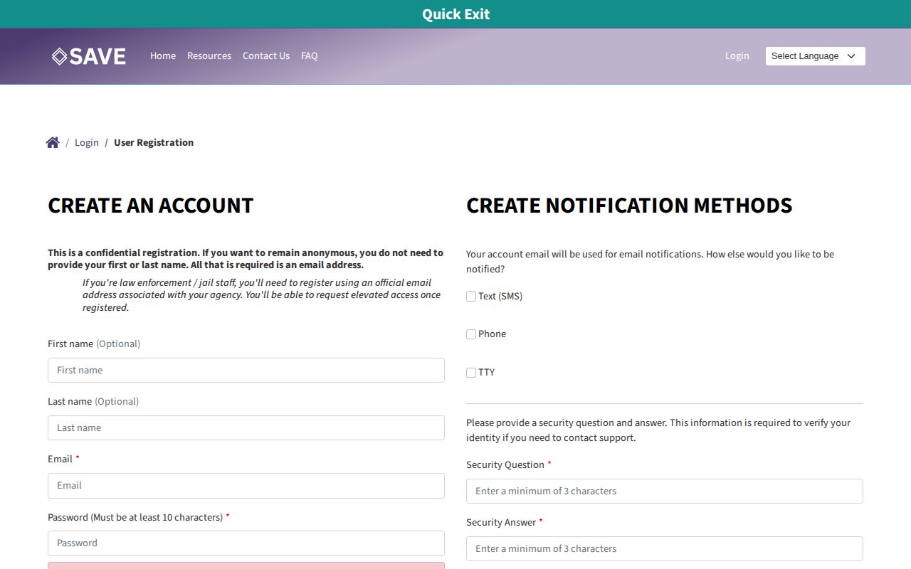 Nevada SAVE user registration screen for custody alerts