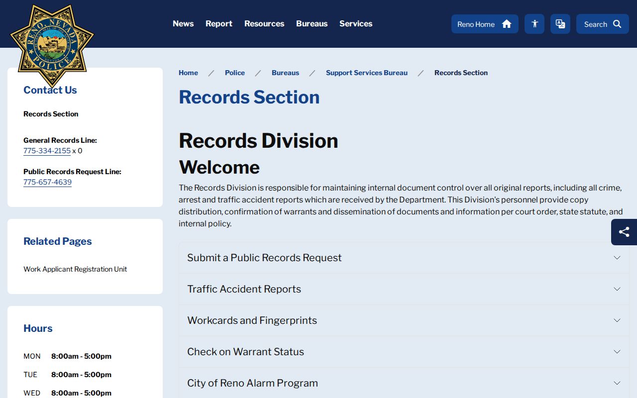 Reno Police Department arrest records request page for Washoe County