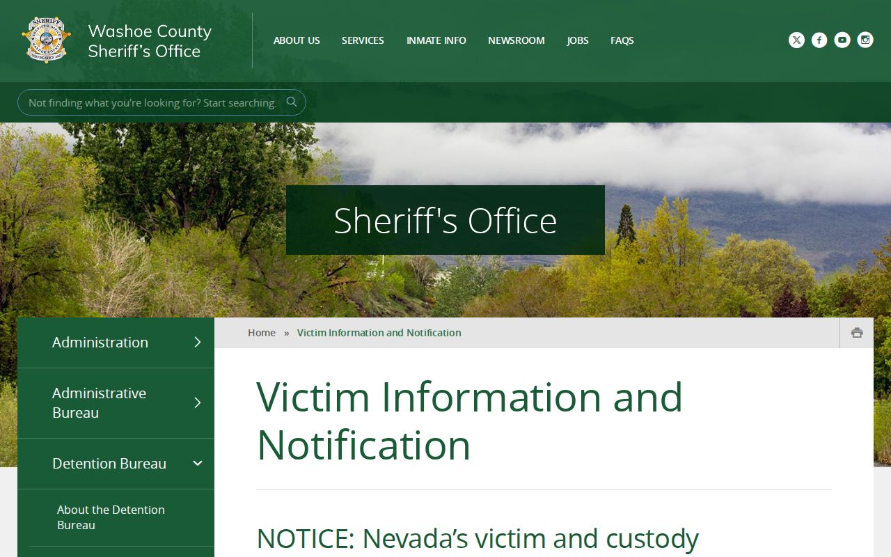 Washoe County Sheriff notice directing users from VINE to Nevada SAVE