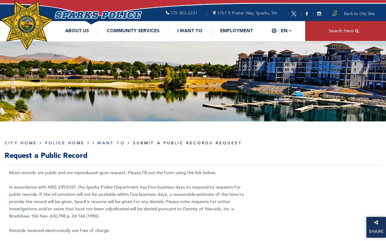 Sparks Police Department public arrest record request page in Washoe County